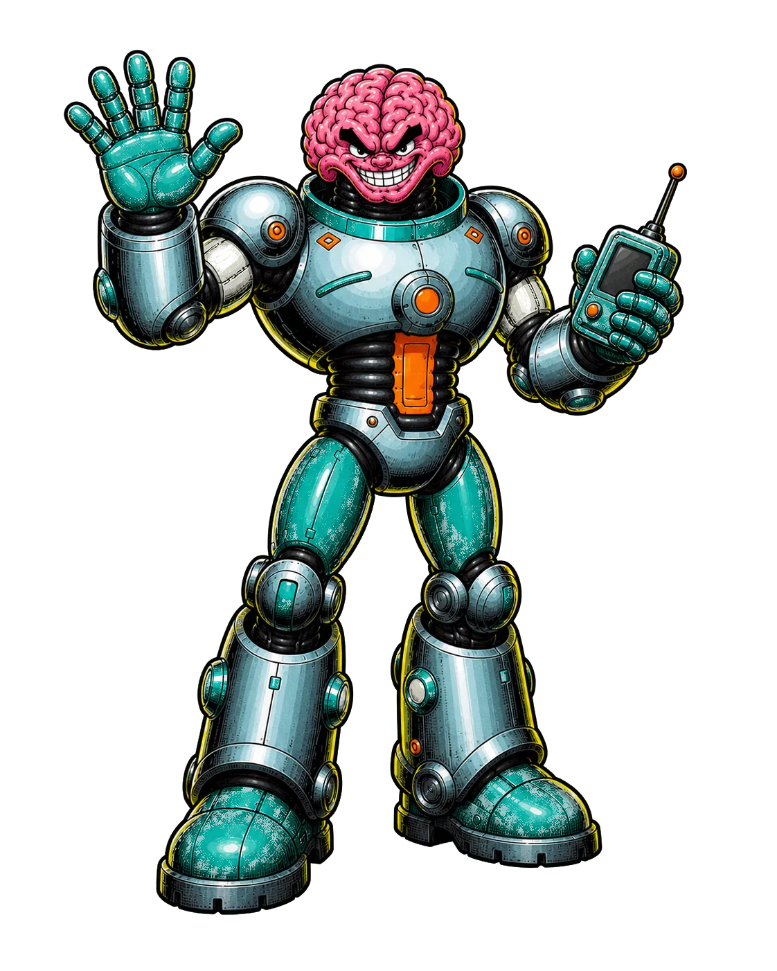 Bedrock Brains mascot waving with a communicator