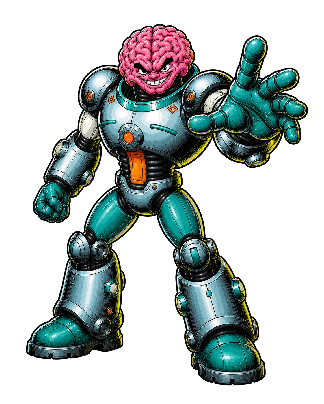 Bedrock Brains robot mascot reaching forward